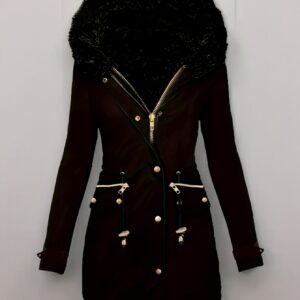 Plus Size, Winter Zippered Faux Trimmed Coat, Long Sleeves with Zippered Decorative Pockets, Drawstring Cuffs with Buttonholes