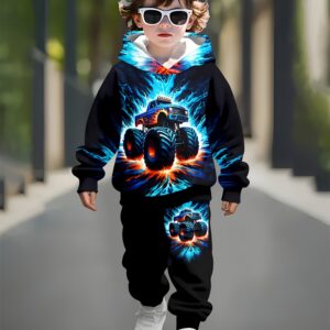 Boys' 3D Print Hoodie & Jogger Set - Vibrant Racing Car Design, Long Sleeve Pullover with Hood, Casual Spring/Fall Outfit, White Sneakers, Perfect for Outdoor Play, Boy Hoodie, Playful Graphic Hoodie, Comfortable Fit Hoodie, for Outdoor, Clothes, Sweater, Sports Suit For Boy, Boy Tracksuit Set, Suit For Boys In Autumn