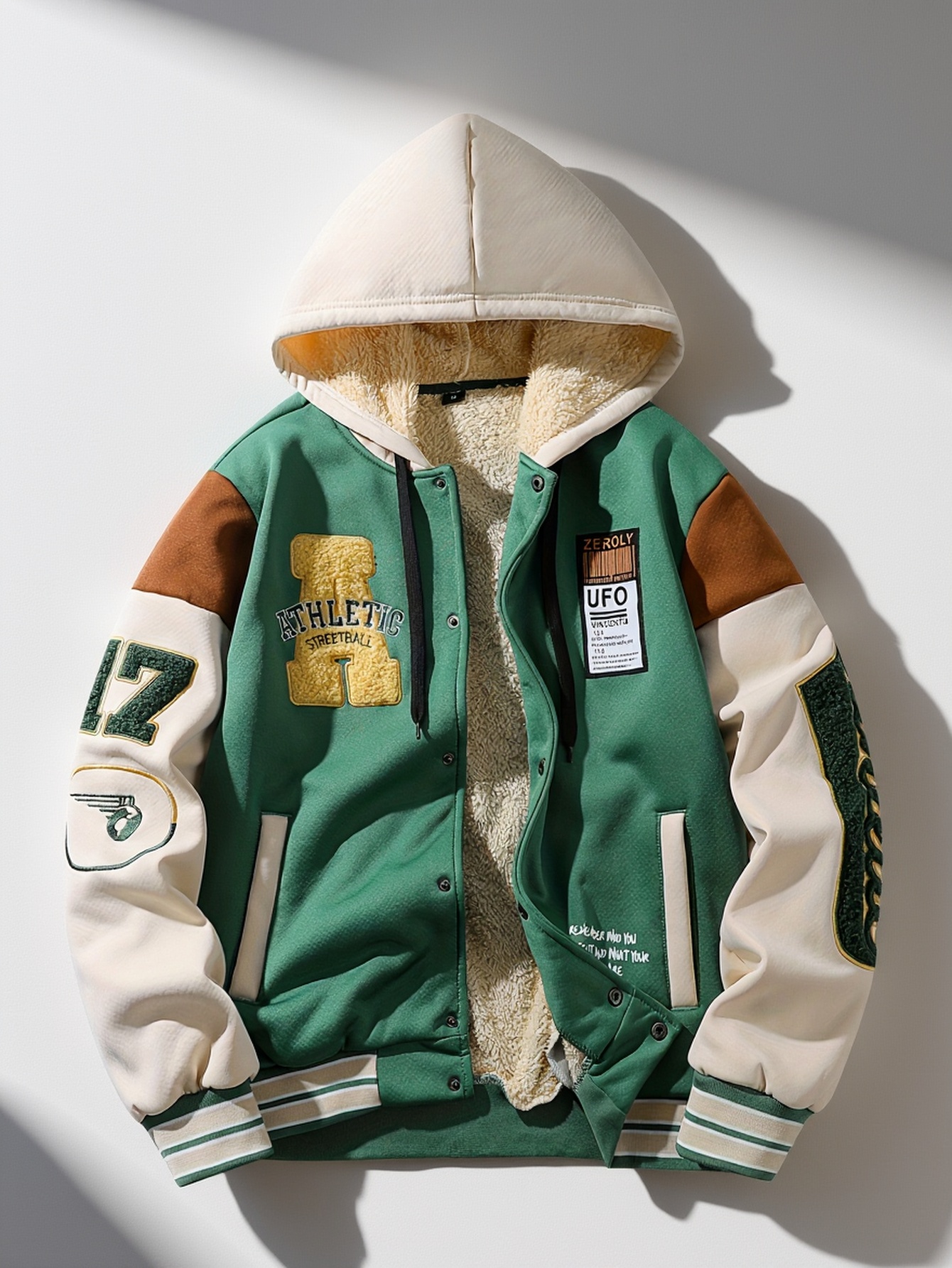 Men'S Casual Hooded Baseball Jacket with Embroidered Lettering, Color Block Des…