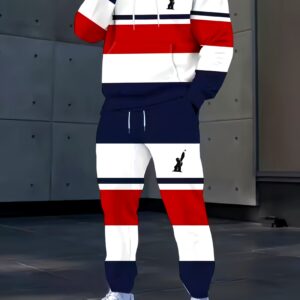Men'S Casual Striped Hoodie & Drawstring Sweatpants Set - Navy, Red, Striped Print, Long Sleeve, Loose Fit, Regular Fit, Fall/Winter Outdoor Sports Wear, Autumn Winter Apparel | Relaxed Fit Hoodie | Comfortable Fabric