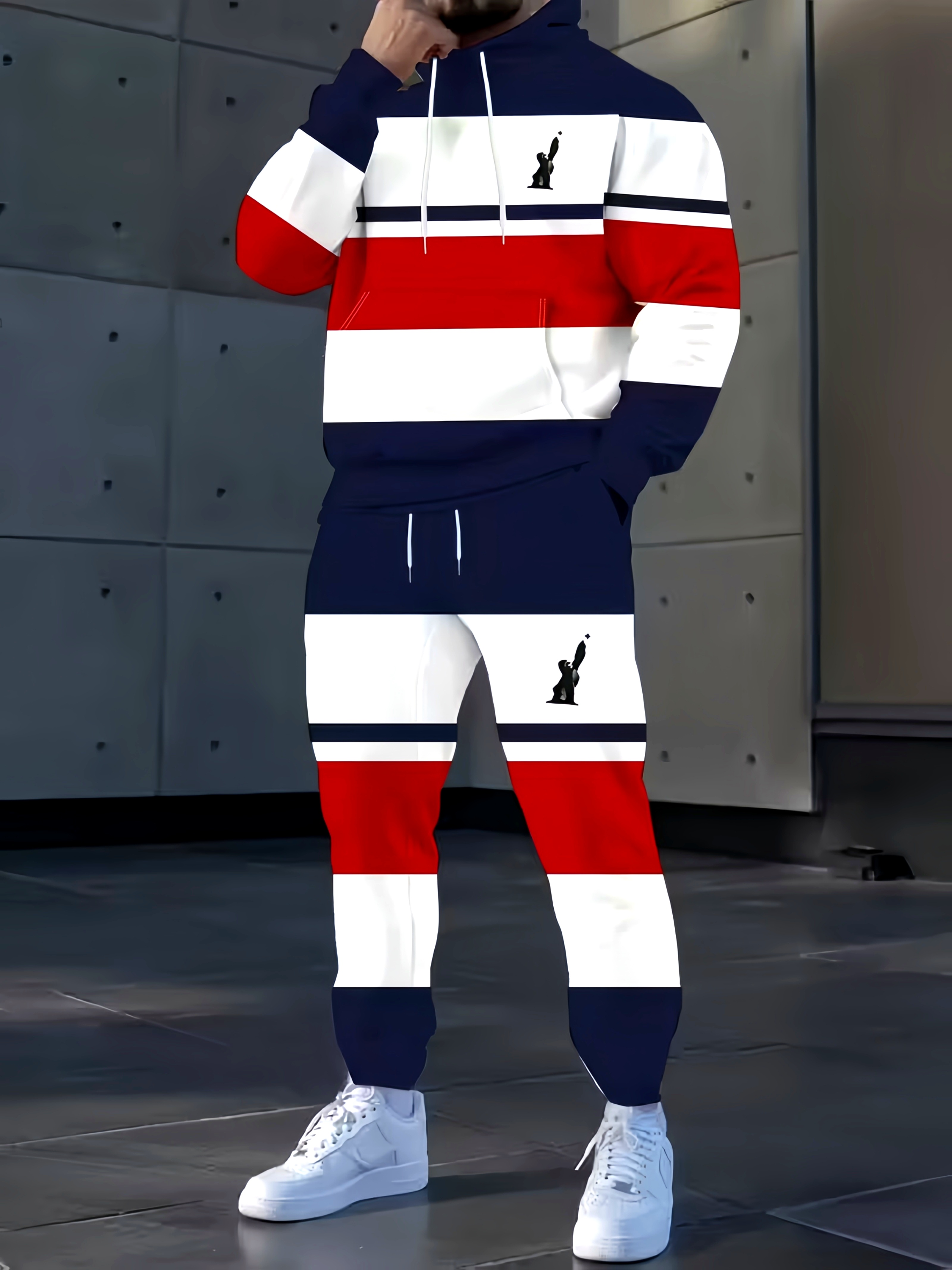 Men'S Casual Striped Hoodie & Drawstring Sweatpants Set - Navy, Red, Striped Pr…