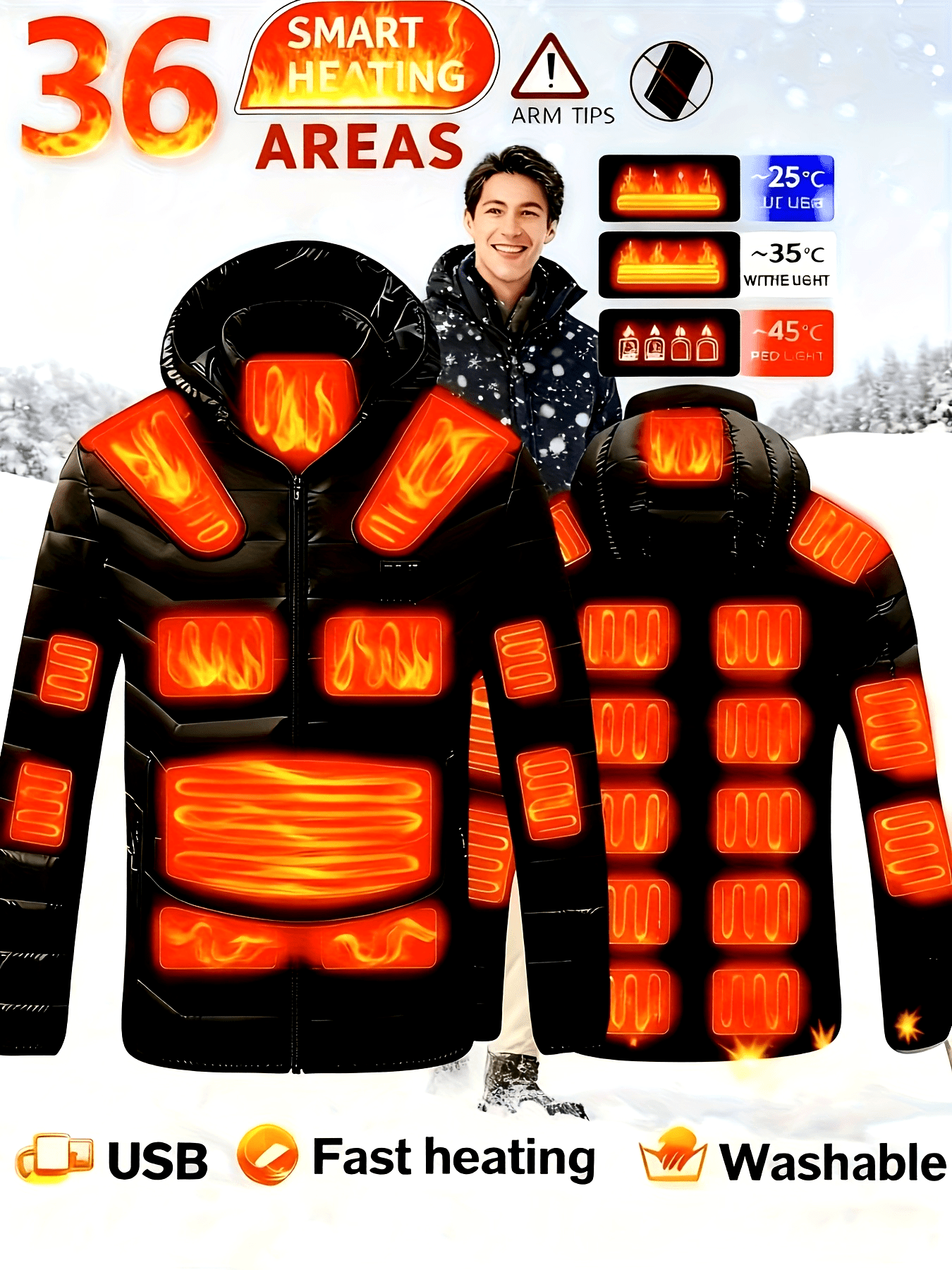 Men'S Winter Jacket, Smart Heated Jacket for Men, Adjustable Temperature Control in Size 36, Fitted Hooded Winter Coat, Battery-Powered (Compatible with Smart Banks/Power Banks) - Machine Washable Fabric, Suitable for Outdoor Activities And Casual W