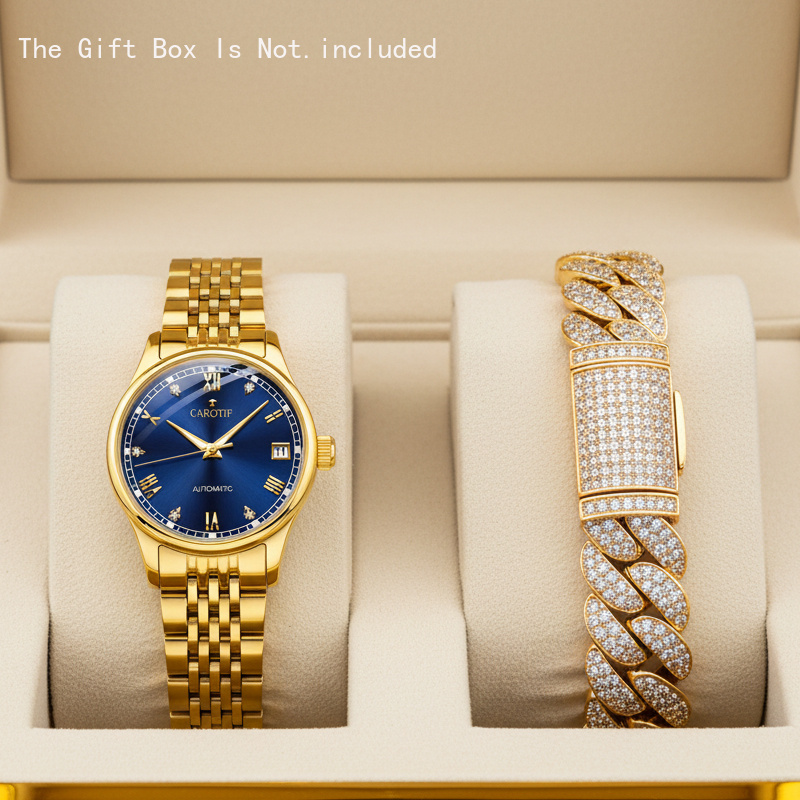 2pcs Set Women'S Yellow | College Style, Fashionable and Elegant, Luxury Alloy Mechanical Watch and Bracelet Gift Box Set for Christmas, Halloween, Thanksgiving