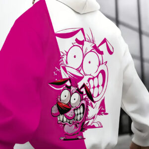 Men's Oversized 3D Graffiti Print Hoodie with Pink/White/Yellow/Black Dog & Daffy Duck-Inspired Back Print - Loose Fit Streetwear Pullover, Kangaroo Pocket, Machine Washable Casual Sweatshirt, PLUS SIZE