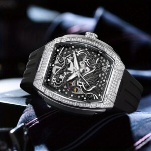 KUERST brand Men's silicone strap wine bar-shaped fully automatic mechanical watch Men's watch 3D stereoscopic double-sided openwork back transparent cool dial designed in the Great Wall style, Mechanical Watches for Men High Quality, Men's Fashion Accessory, Gift for Men, Unique Watch Design, Precision Engineering, Handcrafted Details, Skeleton Dial Watch, Automatic Movement, Fashion Enthusiasts, Young Professionals