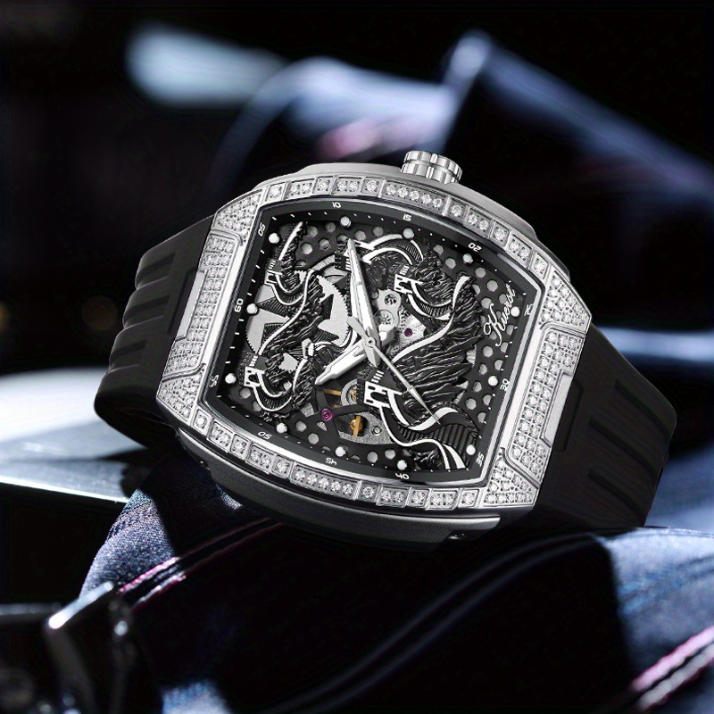 KUERST brand Men's silicone strap wine bar-shaped fully automatic mechanical watch Men's watch 3D stereoscopic double-sided openwork back transparent cool dial designed in the Great Wall style, Mechanical Watches for Men High Quality, Men's Fashion Accessory, Gift for Men, Unique Watch Design, Precision Engineering, Handcrafted Details, Skeleton Dial Watch, Automatic Movement, Fashion Enthusiasts, Young Professionals