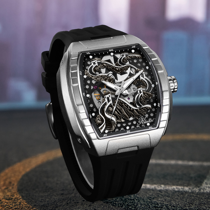 KUERST brand Men's silicone strap wine bar-shaped fully automatic mechanical watch Men's watch 3D stereoscopic double-sided openwork back transparent cool dial designed in the Great Wall style, Mechanical Watches for Men High Quality, Men's Fashion Accessory, Gift for Men, Unique Watch Design, Precision Engineering, Handcrafted Details, Skeleton Dial Watch, Automatic Movement, Fashion Enthusiasts, Young Professionals - Image 8