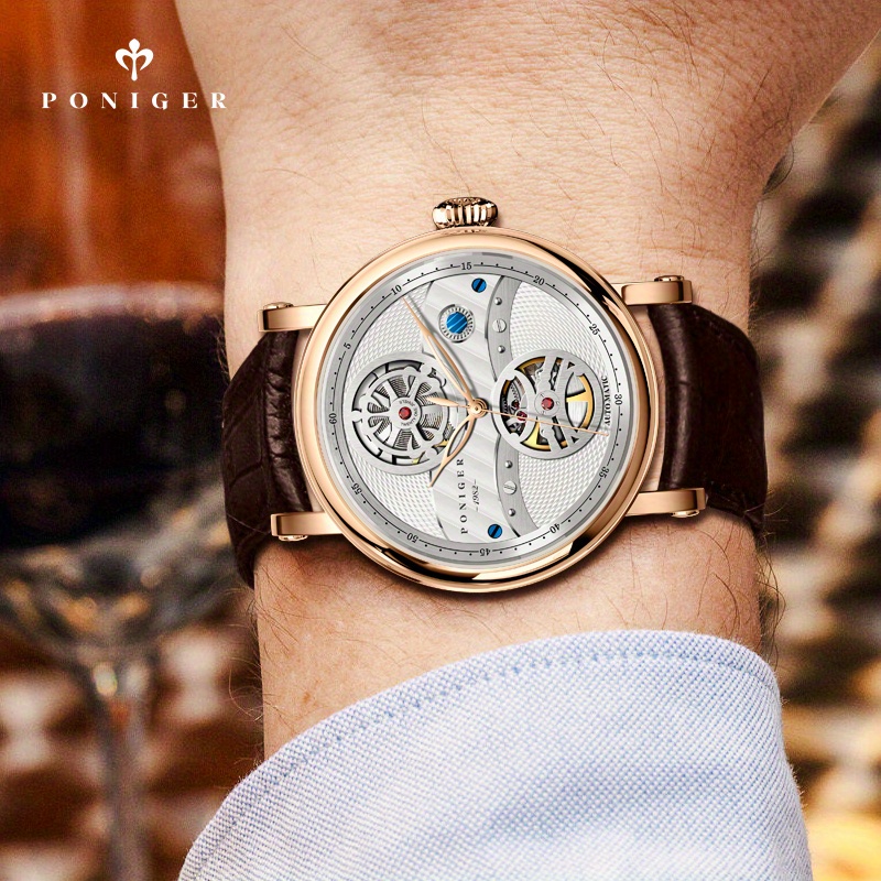 PONIGER Hollowed-out Business Luxury Brand Men's Watch, Luxury Men's Automatic Watch with Genuine Leather Strap - Image 6