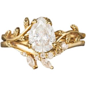 Vintage Pear Moissanite Engagement Ring Set for Women 925 Silver 10K Golden Plated Nature Inspired Leaf Engraved Handmade Moissanite Bridal Ring Set with Stacking Wedding Band, Moissanite Engagement Ring, Radiant Cut Moissanite Engagement Ring