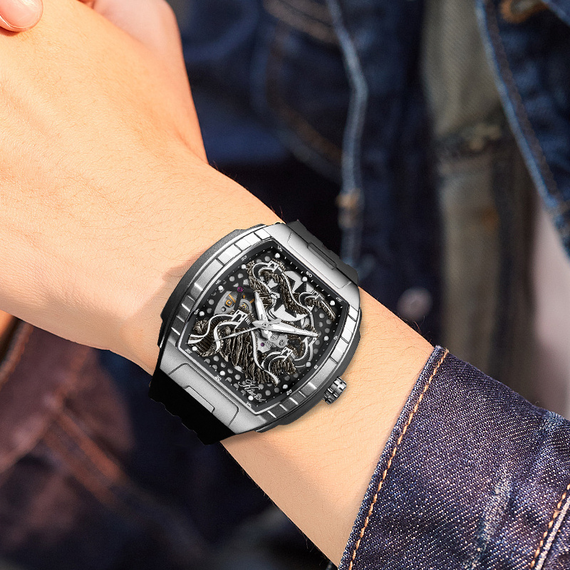 KUERST brand Men's silicone strap wine bar-shaped fully automatic mechanical watch Men's watch 3D stereoscopic double-sided openwork back transparent cool dial designed in the Great Wall style, Mechanical Watches for Men High Quality, Men's Fashion Accessory, Gift for Men, Unique Watch Design, Precision Engineering, Handcrafted Details, Skeleton Dial Watch, Automatic Movement, Fashion Enthusiasts, Young Professionals - Image 13