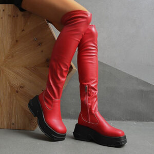 Women'S Red Over-the-Knee Boots with Thick Platform Sole - Stretchy PU Cover-like Texture, Side Zipper Closure, Round Toe & Mid-Heel - All-Season Comfortable Boots for, Casual & Formal Outfits, Boots For Women, Boots For Women Elegant Classy