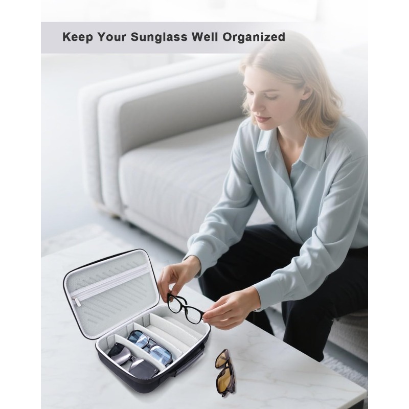 Large Fashion Glasses & Eyeglasses Organizer Case Compatible for 8-Pair Storage - Heavy-Duty Crushproof Eyewear Box with Adjustable Dividers, Nylon/ Hard & Soft, Portable Glasses Holder for Men/Women (Gift) - Image 5