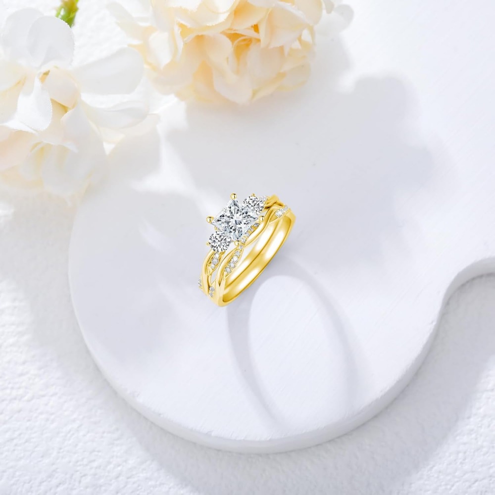 1.46-carat (ctw) Princess-cut Moissanite Twisted Wedding And Engagement Ring Set, Golden-plated Wedding Ring Set, Handcrafted Anniversary Rings, Anniversary Gift, Christmas Gift, Valentine'S Day Gift, Eternal Promise. - Image 8