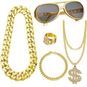 5pcs Hip Hop Accessory Kit - Retro Chains with Coin-Loaded Chains, Punk Style Glasses & Dollar Ring for 80s 90s Rapper Outfits, Costume Parties, Themed Events - Vintage Hip-Hop for & (5pcs)