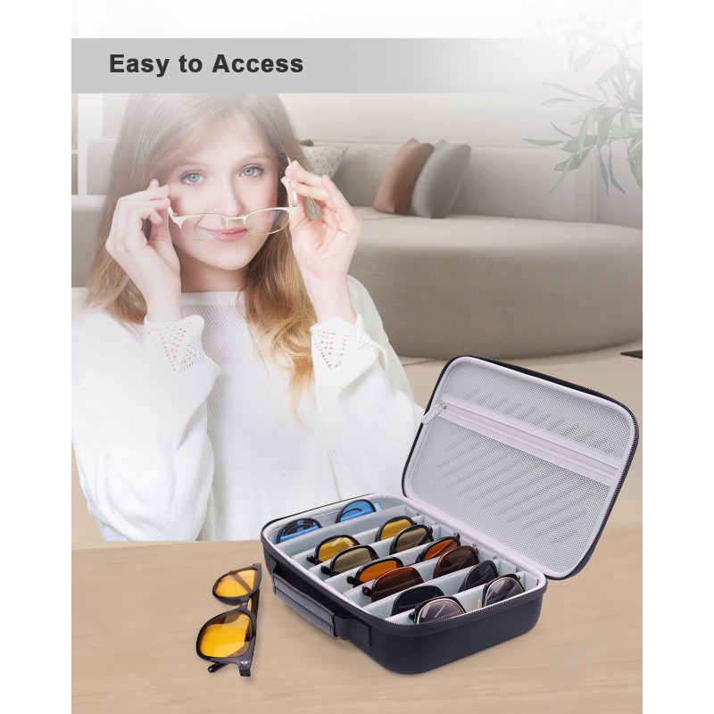 Large Fashion Glasses & Eyeglasses Organizer Case Compatible for 8-Pair Storage - Heavy-Duty Crushproof Eyewear Box with Adjustable Dividers, Nylon/ Hard & Soft, Portable Glasses Holder for Men/Women (Gift) - Image 7