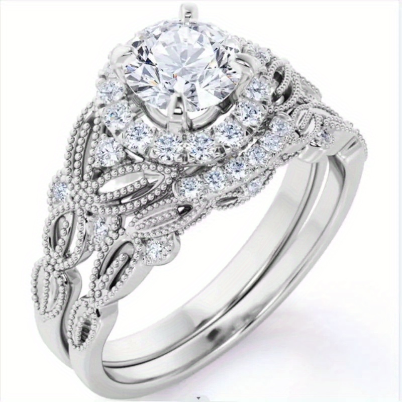 Elegant Ring Set - 2pcs, Sparkling Zirconia Engagement & Wedding Ring for Bride, Luxurious Jewelry, Valentine's Day Gift