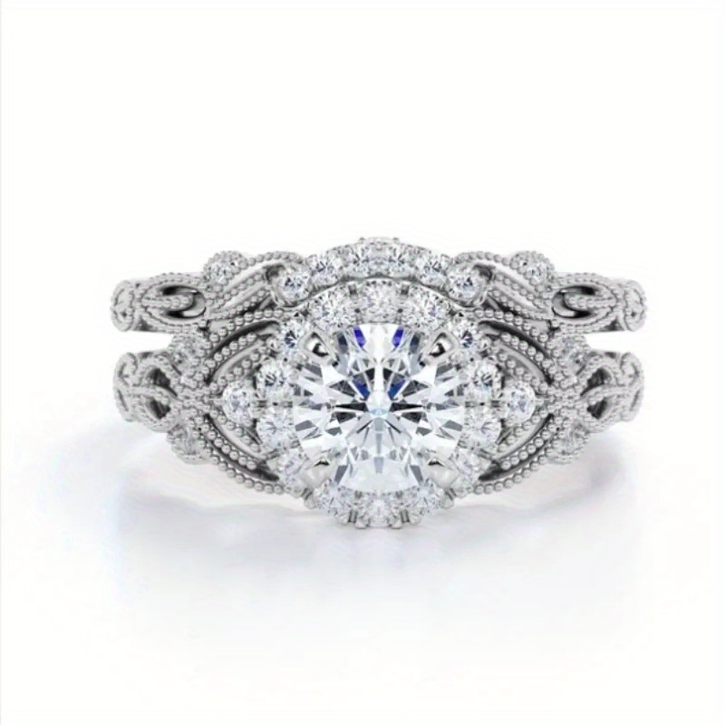 Elegant Ring Set - 2pcs, Sparkling Zirconia Engagement & Wedding Ring for Bride, Luxurious Jewelry, Valentine's Day Gift - Image 4