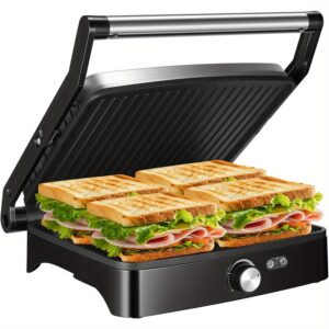 Press Grill, Indoor Sandwich Maker with Temperature Setting, Non-Stick Versatile Grill Opens 180 Degrees, 4 Slice Large, Removable Drip Tray, 1200 W