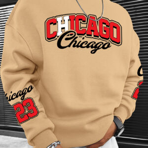 [3D Lettering Sweatshirt] Men's Chicago 23 Graphic Print Sweatshirt - Oversized Casual Pullover with 3D Lettering, Soft Polyester, Round Neck for Travel, Outdoor & Casual Attire