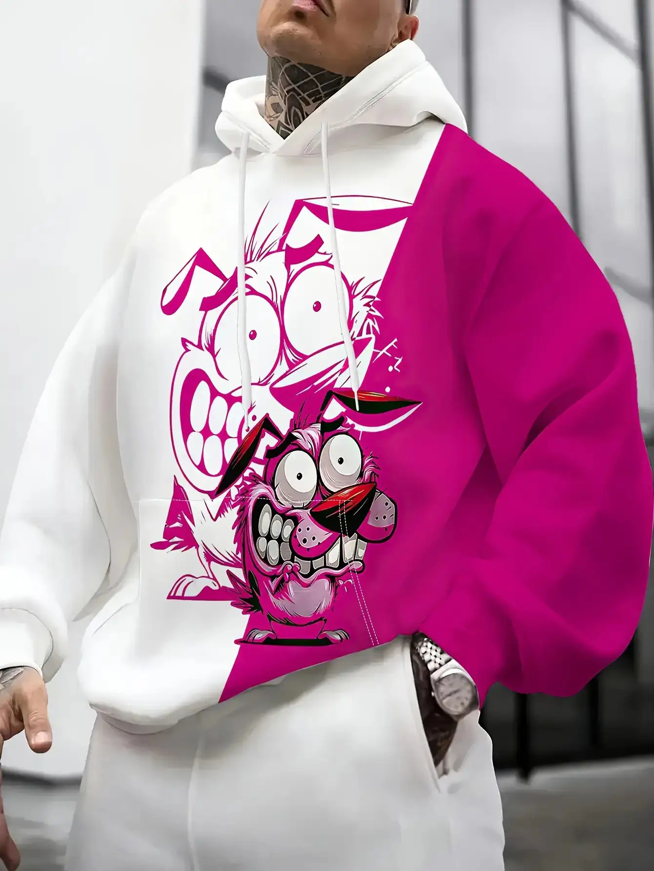 Men's Oversized 3D Graffiti Print Hoodie with Pink/White/Yellow/Black Dog & Daffy Duck-Inspired Back Print - Loose Fit Streetwear Pullover, Kangaroo Pocket, Machine Washable Casual Sweatshirt, PLUS SIZE - Image 3