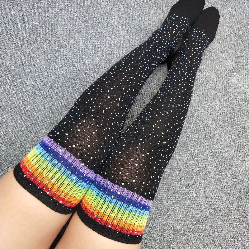 Sexy Cute Crystal Hot Diamond Knee Socks, Three-bar Striped Long Thigh-high Socks, Sparkling Party Stockings, Light Beige-friendly and Durable, Fashionable Leg Decoration Clothing, Suitable for Parties, Dates, Christmas, Halloween and Valentine's Day - Image 9