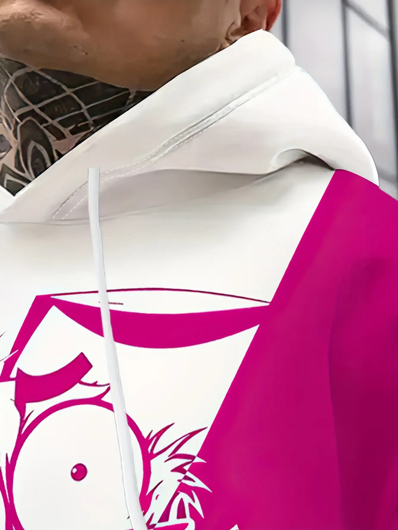 Men's Oversized 3D Graffiti Print Hoodie with Pink/White/Yellow/Black Dog & Daffy Duck-Inspired Back Print - Loose Fit Streetwear Pullover, Kangaroo Pocket, Machine Washable Casual Sweatshirt, PLUS SIZE - Image 4