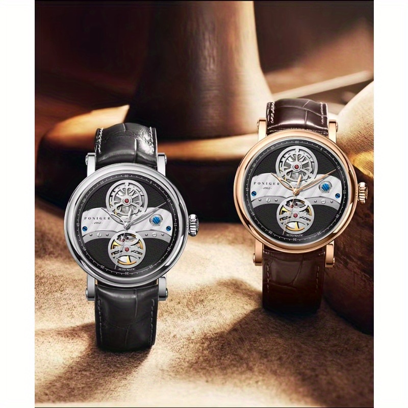PONIGER Hollowed-out Business Luxury Brand Men's Watch, Luxury Men's Automatic Watch with Genuine Leather Strap