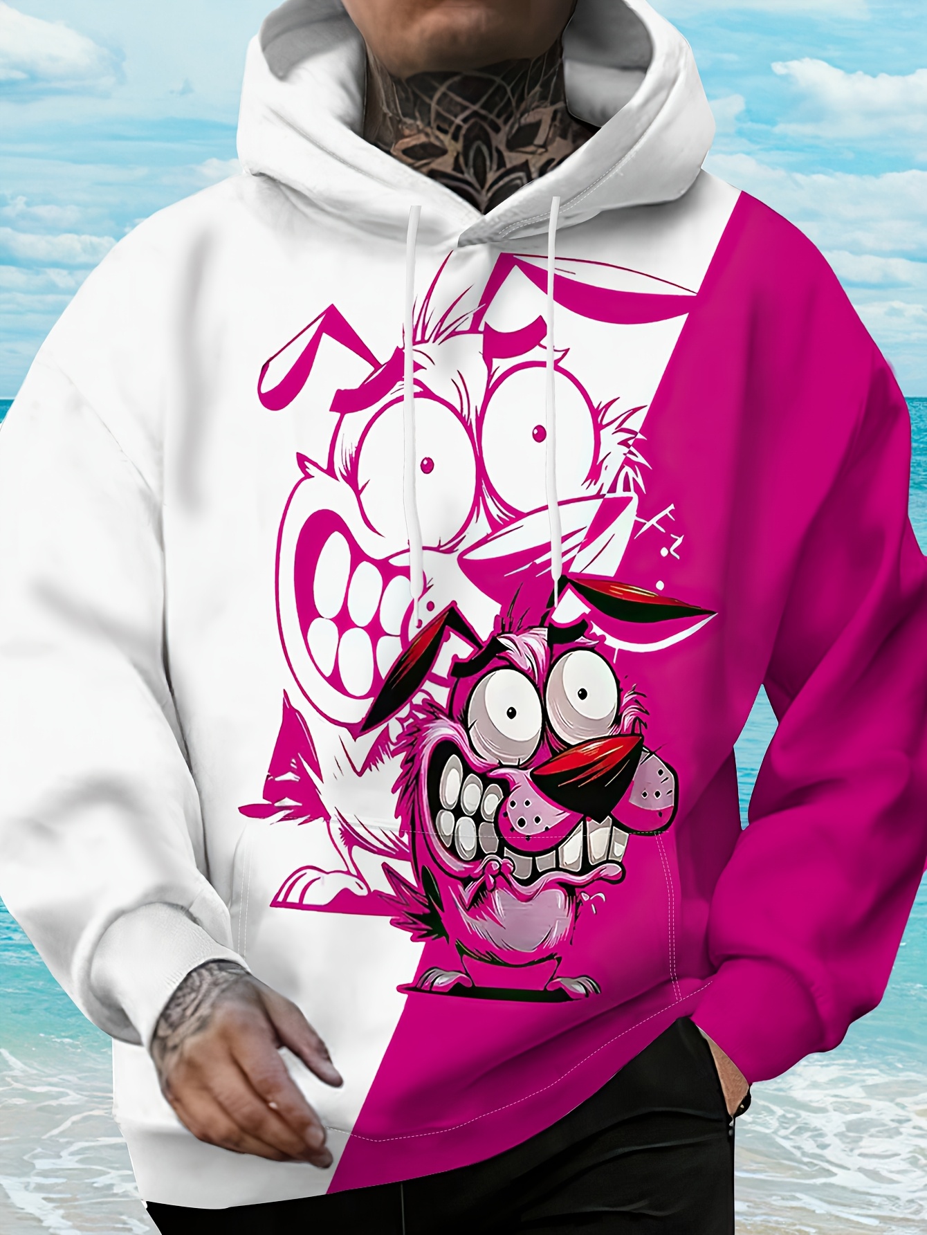 Men's Oversized 3D Graffiti Print Hoodie with Pink/White/Yellow/Black Dog & Daffy Duck-Inspired Back Print - Loose Fit Streetwear Pullover, Kangaroo Pocket, Machine Washable Casual Sweatshirt, PLUS SIZE - Image 2