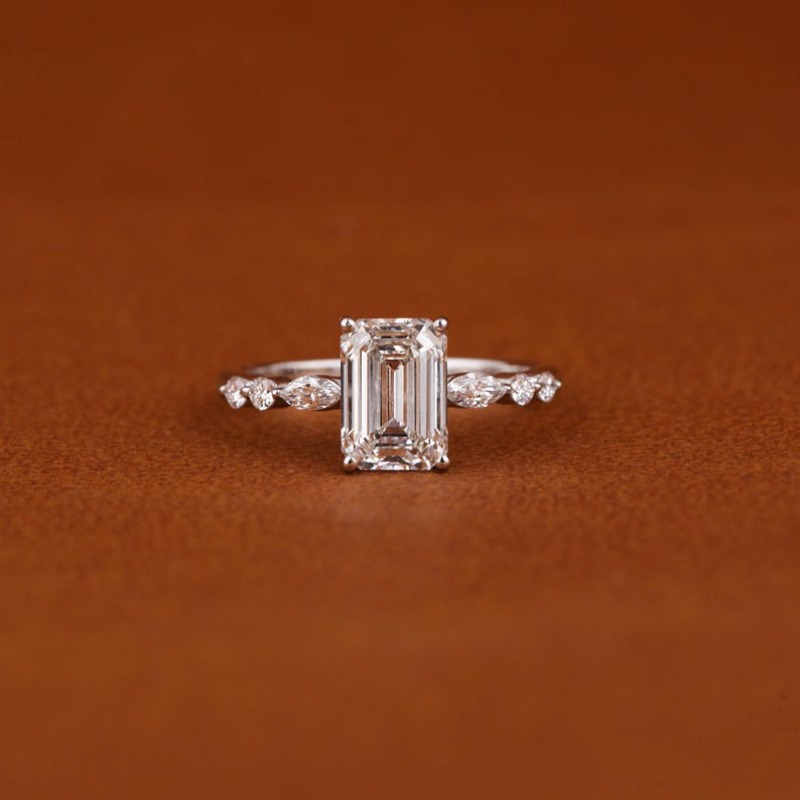 Lab-Created Emerald Cut Lab-created Diamond Engagement Ring with Hidden Halo & Pave Band - Wedding Band, Pave Setting for Year-Round Wear, Christmas Gift, Anniversary (Emerald Gemstone) - Image 2