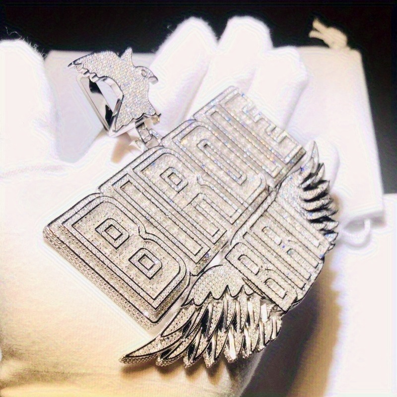 925 Silver Full Moissanite Men's Hip Hop Wing Pendant Letter Necklace Pendant Men's Street Trend Necklace Holiday Gifts Birthday Party Gifts Best Gifts for Boyfriends Daily Wear - Image 2