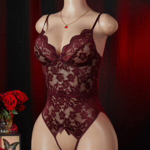Women's Sexy Lace Lace-Up Design Deep V Hollow-Out Pure Desire Alluring Open-Crotch Non-Slip Bodysuit