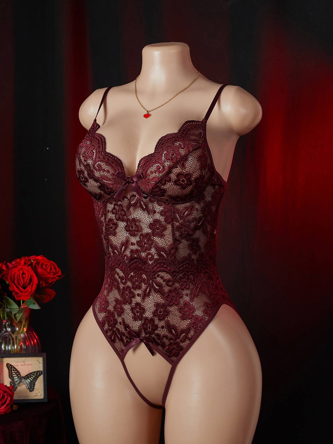 Women's Sexy Lace Lace-Up Design Deep V Hollow-Out Pure Desire Alluring Open-Cr…