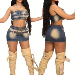 Summer new denim skirt suit hot tube top belt elastic short skirt suit