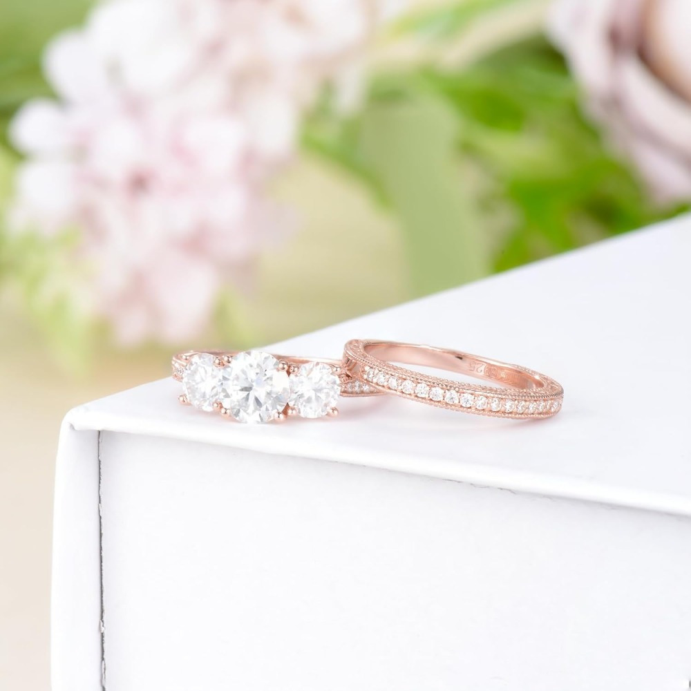 Moissanite Engagement Rings Set 925 Sterling Silver White Golden/ Yellow Golden/ Rose Golden Wedding Rings Bridal Rings Set for Women, D Color VVS1 Round Cut Bridal Sets for Women - Image 7