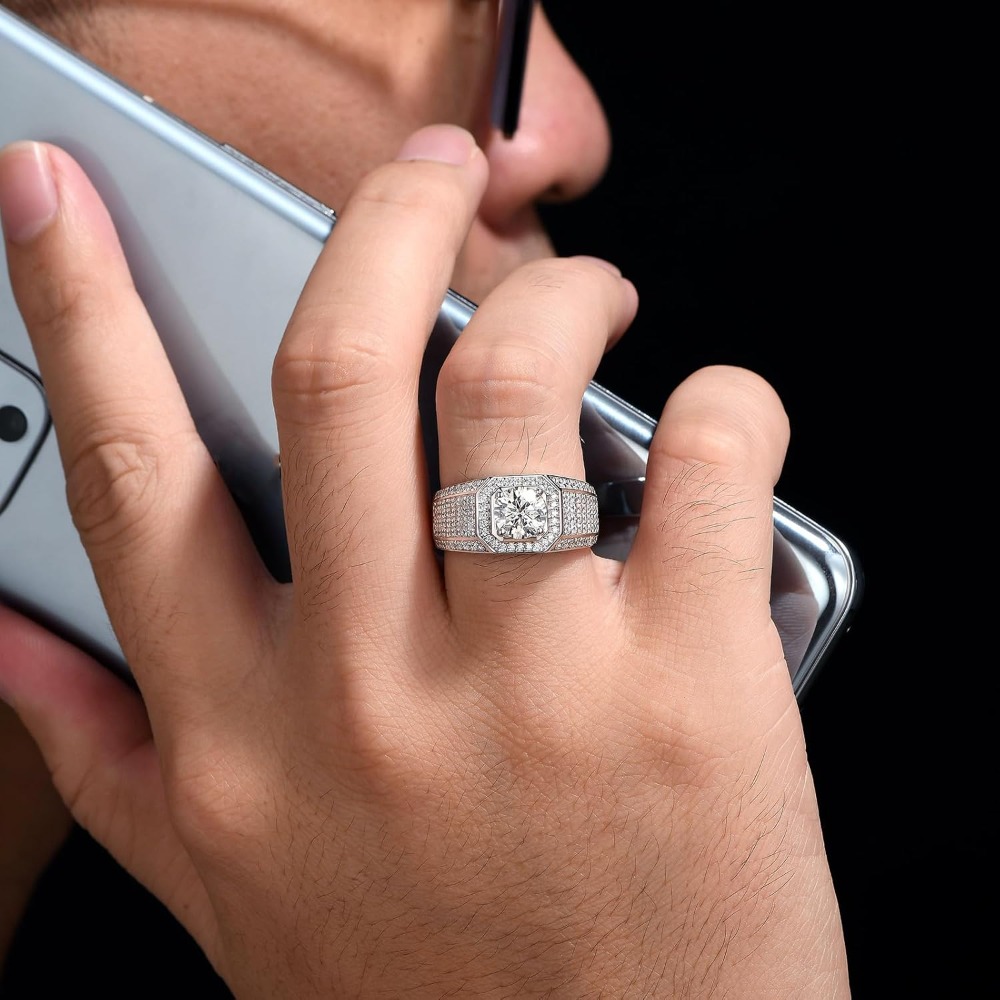 Men's Moissanite Wedding Ring Engagement Ring Single Stone Ring 925 Sterling Silver Ring 1.5 Carat Total Weight D Color VVS1 Clarity, Round Bright Cut, Size 7-14, Formal Settings Ring, Men's Proposal Ring, Vintage Style Ring, Elegant Single - Image 5
