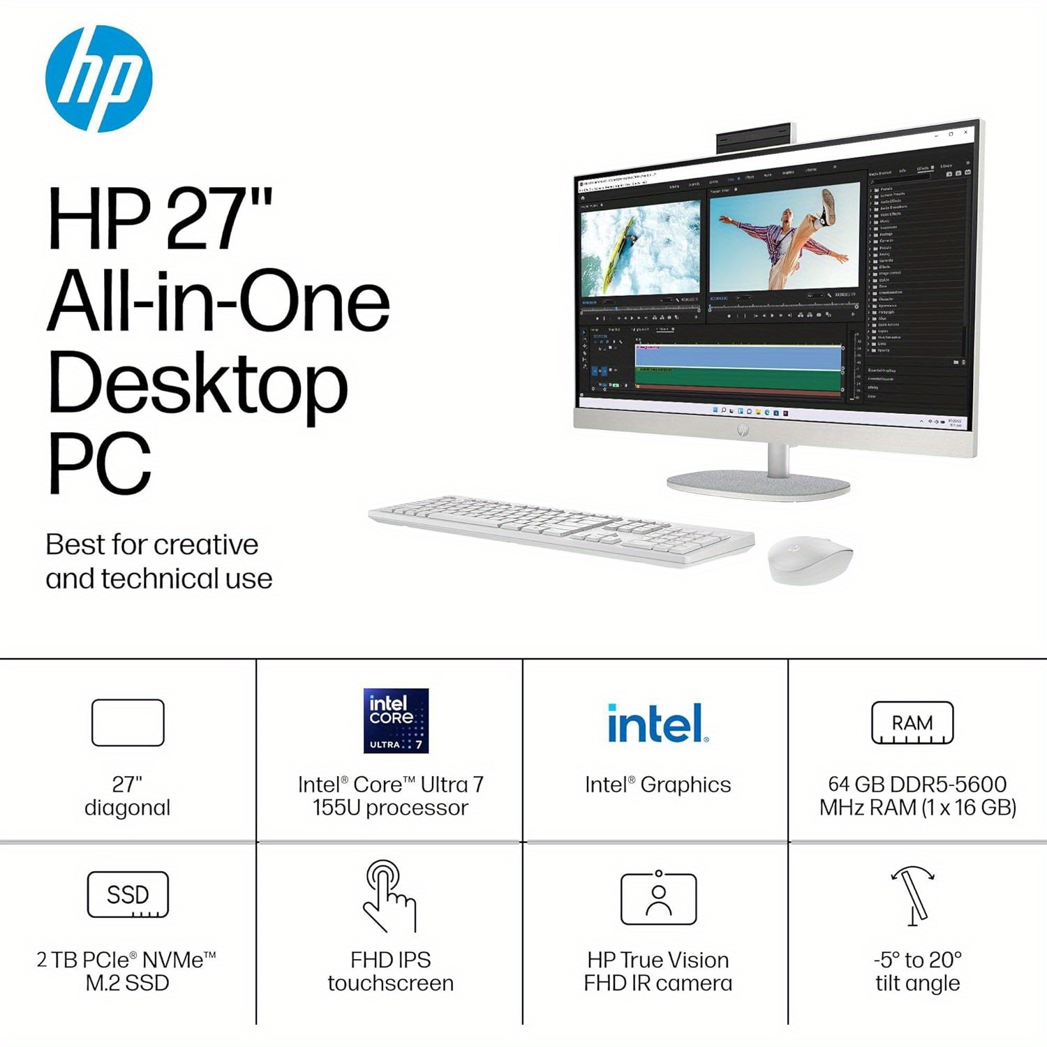 HP 27 All-in-One Desktop PC, 27" FHD Touchscreen, Intel Ultra 7-155U(12-core), 64 GB DDR5, 2 TB SSD, Adjustable Angle, WiFi 6, Win 11 Pro, with Bonus Accessories - Image 2