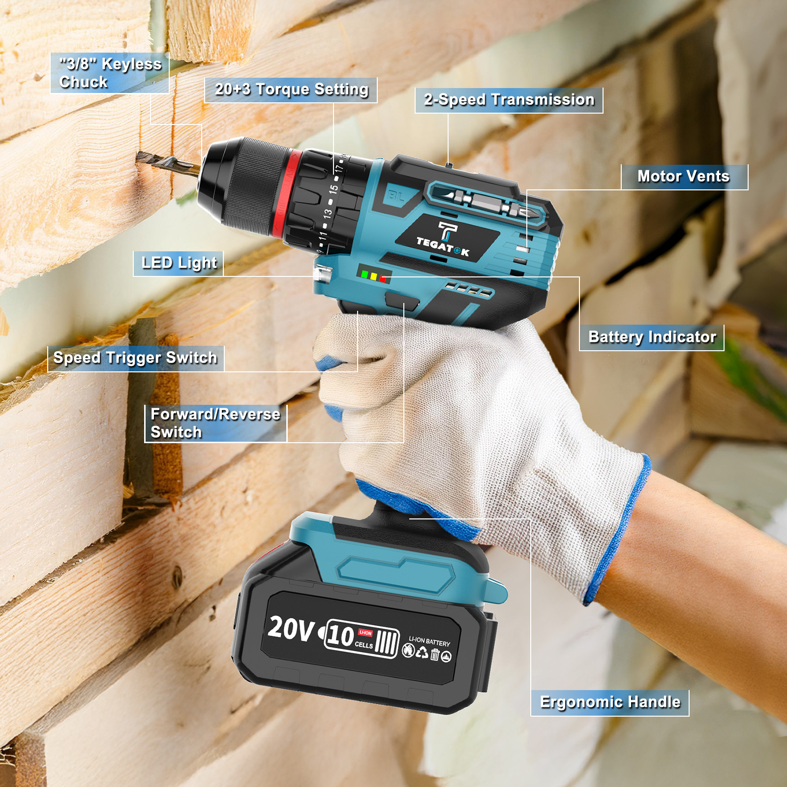 20V Brushless Cordless Electric Tool Set | Equipped with Cordless Drill, Angle Grinder, Electric Hammer, Wrench | Includes 3 Lithium-Ion Batteries | Capacity | Rechargeable | Home and Maintenance | Ideal for Men and Women | Perfect Christmas and New - Image 9