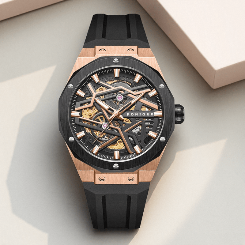 Poniger Fashionable And Casual Fully Automatic Mechanical Men'S Watch, Luxurious And Unique Hollow Design, Suitable For Parties, Sports Wear Men'S Watch, The First Choice For Gifts, Without Battery - Image 9