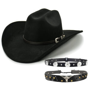 3pcs Western Hat Set with Decorative Leather Strap & Adjustable Metal Buckle - Classic Wide Brim Cowboy Hat, Unisex Black Western Hat for Men & Women, 100% Polyester Felt Material, Hand Washable - Western Costume Party, Cowboy, Everyday - Complete Set with Belt Loop Compatibility, Ideal Gift for Western Enthusiasts, Durable & Comfortable for Casual or Formal Events