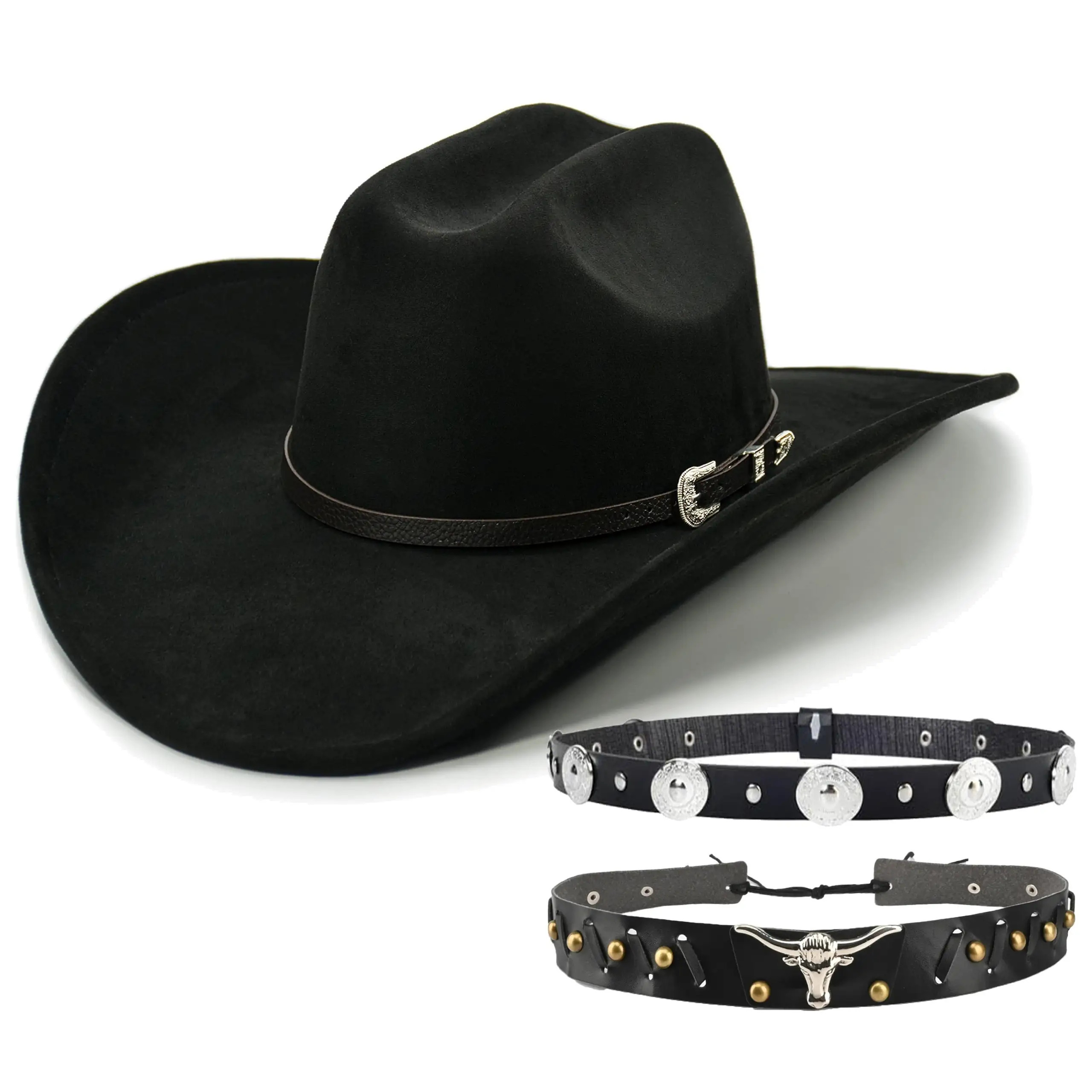 3pcs Western Hat Set with Decorative Leather Strap & Adjustable Metal Buckle - Classic Wide Brim Cowboy Hat, Unisex Black Western Hat for Men & Women, 100% Polyester Felt Material, Hand Washable - Western Costume Party, Cowboy, Everyday - Complete Set with Belt Loop Compatibility, Ideal Gift for Western Enthusiasts, Durable & Comfortable for Casual or Formal Events