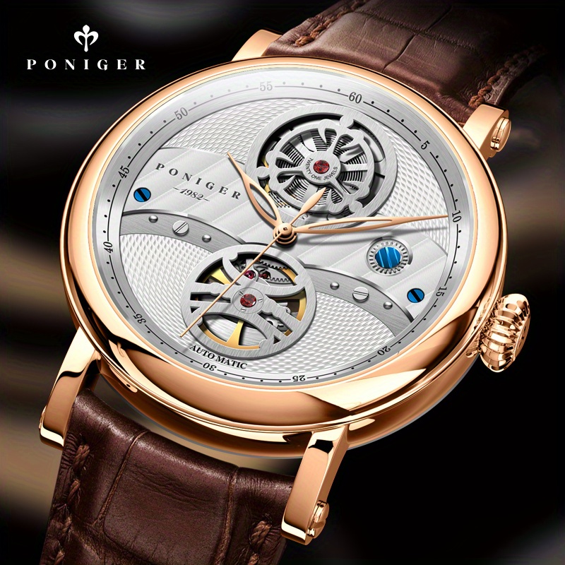PONIGER Hollowed-out Business Luxury Brand Men's Watch, Luxury Men's Automatic Watch with Genuine Leather Strap - Image 4