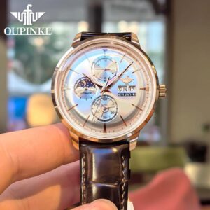 OupinKE Men'S Vintage | Stainless Steel Case, Faux Leather Strap, Mechanical Movement, Date Display, Non-water Resistant, Glow Feature, Elegant and Classic Design, Ideal for Daily Wear & Business Occasions, Without Battery