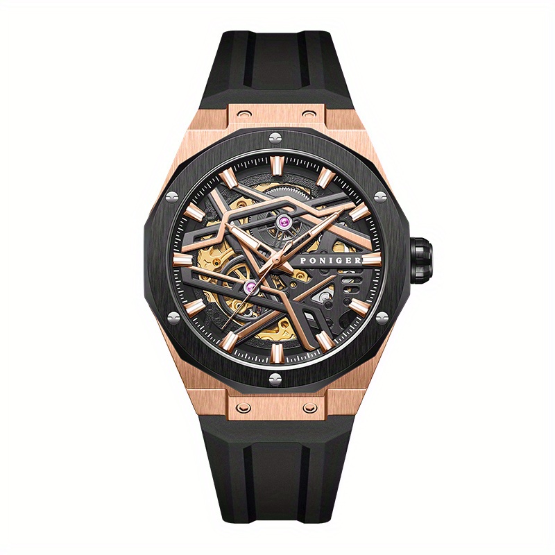 Poniger Fashionable And Casual Fully Automatic Mechanical Men'S Watch, Luxurious And Unique Hollow Design, Suitable For Parties, Sports Wear Men'S Watch, The First Choice For Gifts, Without Battery - Image 7