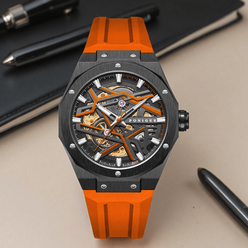 Poniger Fashionable And Casual Fully Automatic Mechanical Men'S Watch, Luxurious And Unique Hollow Design, Suitable For Parties, Sports Wear Men'S Watch, The First Choice For Gifts, Without Battery - Image 10
