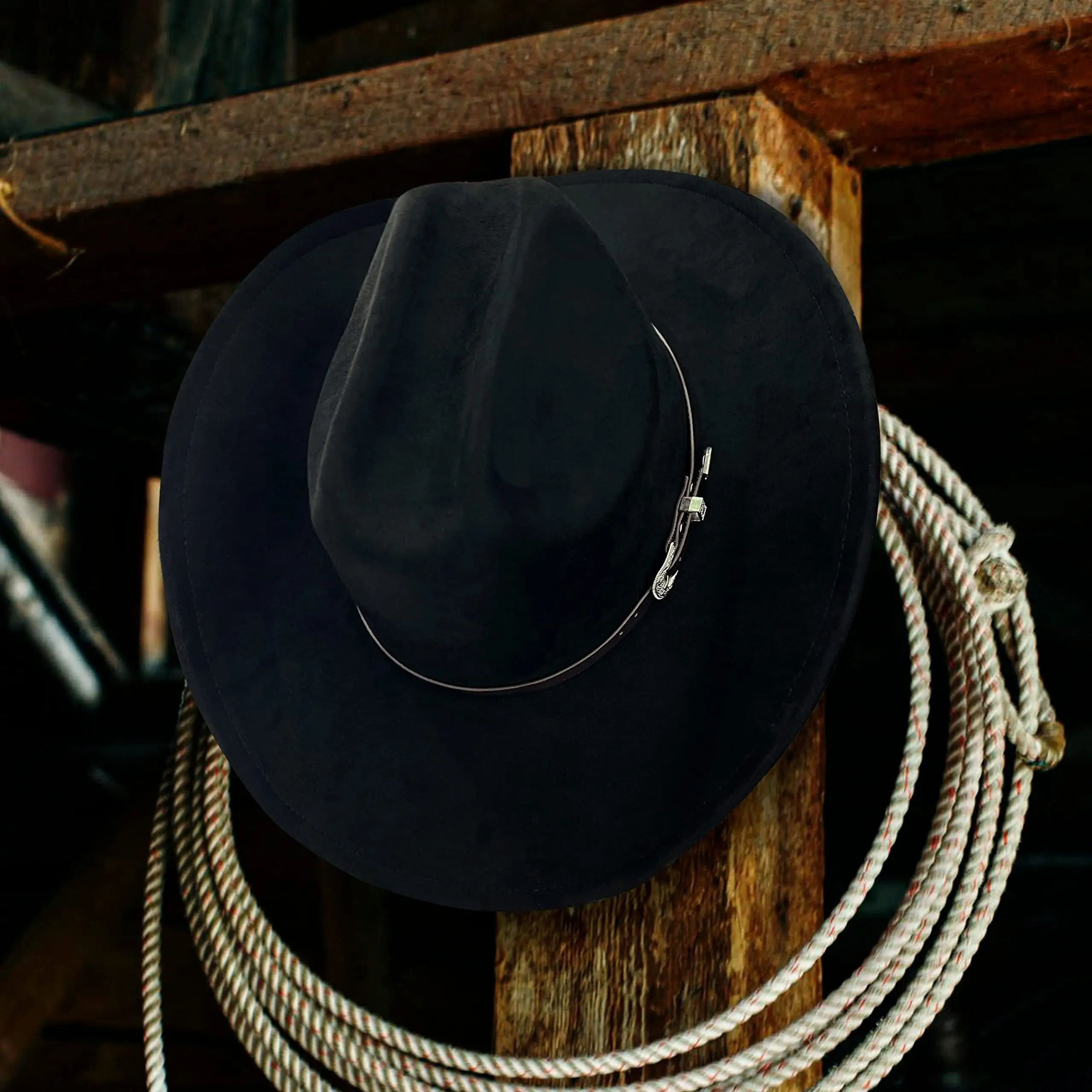 3pcs Western Hat Set with Decorative Leather Strap & Adjustable Metal Buckle - Classic Wide Brim Cowboy Hat, Unisex Black Western Hat for Men & Women, 100% Polyester Felt Material, Hand Washable - Western Costume Party, Cowboy, Everyday - Complete Set with Belt Loop Compatibility, Ideal Gift for Western Enthusiasts, Durable & Comfortable for Casual or Formal Events - Image 7