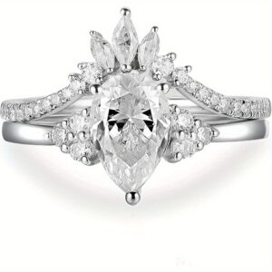 Statement Ring - Excellent Pear Cut 1.50 Carat Genuine Moissanite Wedding Set - Proposal Ring - 925 Sterling Silver Bridal Rings - Vintage Engagement Bridal Set Ring - Marquise Moissanite Wedding Band - Promise Ring for Women