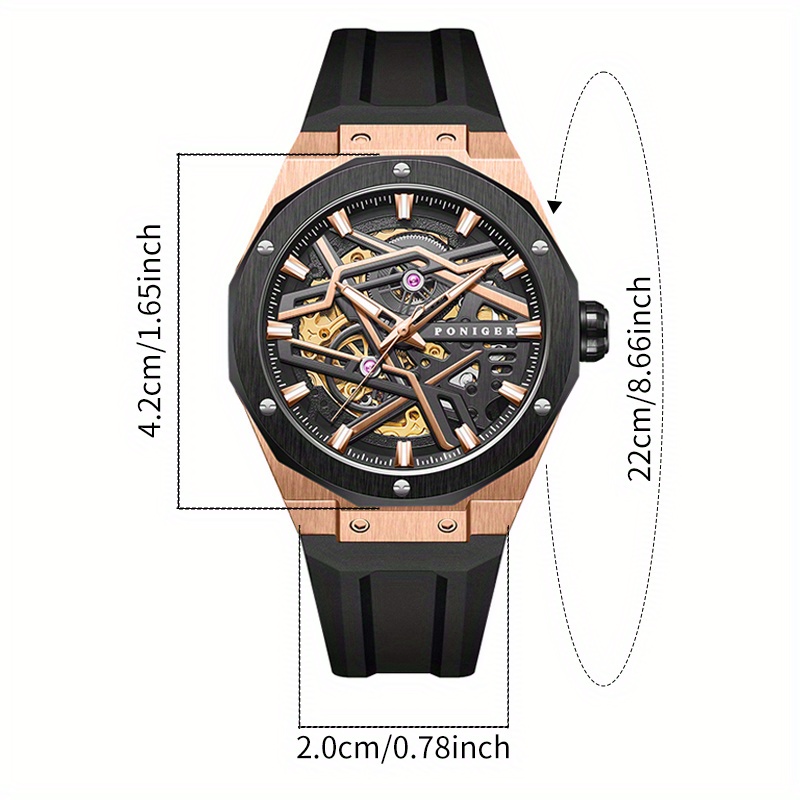 Poniger Fashionable And Casual Fully Automatic Mechanical Men'S Watch, Luxurious And Unique Hollow Design, Suitable For Parties, Sports Wear Men'S Watch, The First Choice For Gifts, Without Battery - Image 2