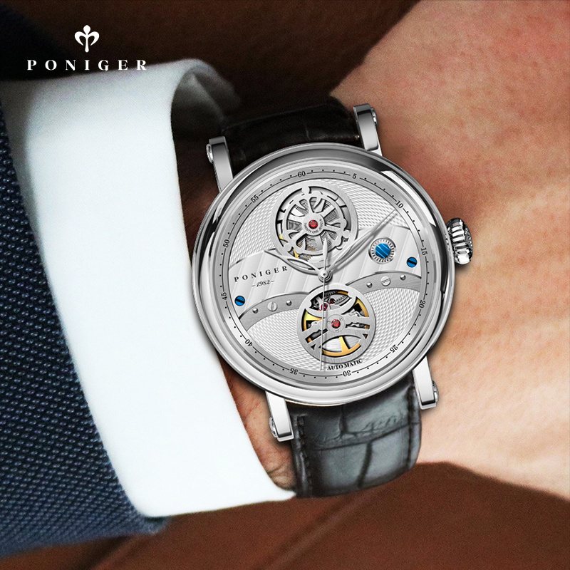 PONIGER Hollowed-out Business Luxury Brand Men's Watch, Luxury Men's Automatic Watch with Genuine Leather Strap - Image 9