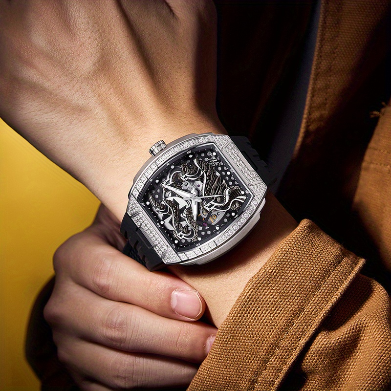 KUERST brand Men's silicone strap wine bar-shaped fully automatic mechanical watch Men's watch 3D stereoscopic double-sided openwork back transparent cool dial designed in the Great Wall style, Mechanical Watches for Men High Quality, Men's Fashion Accessory, Gift for Men, Unique Watch Design, Precision Engineering, Handcrafted Details, Skeleton Dial Watch, Automatic Movement, Fashion Enthusiasts, Young Professionals - Image 14