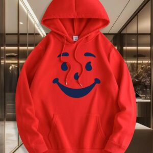 Men'S Red Joyful Face Graphic Hooded Sweatshirt with Smiling Face & Smiling Eyes Print - Soft Mid-Stretch Fabric, Adjustable Drawstring Hood & Kangaroo Pocket, Casual Streetwear for Spring/Fall, Machine Washable Regular Fit Long Sleeve Pullover Swea